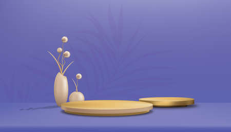 Trendy 2022 Very Peri color. Purple Background Studio room with cylinder podium and peach gold balls...