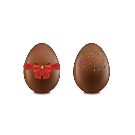 Chocolate Easter egg with colourful sprinkles and red ribbon bow isolated on white background. 3D Vector illustration elements for decolationsのイラスト素材