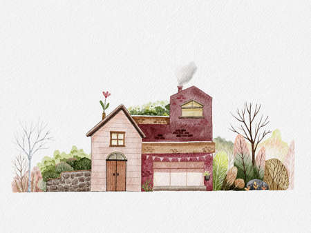 House with garden, Watercolor of wooden mixed with brick house and blooming plant, tree in the garden, illustration Drawing beautiful nature in village for poster, greeting card or backgroundの写真素材