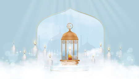 Eid Mubarak backdrop Traditional Islamic lantern and Candle with fluffy clouds on blue sky background,Vector illustration for Islamic religions,Ramadan Kareem, Eid al fitr, Eid al Adha, Happy Muharramのイラスト素材