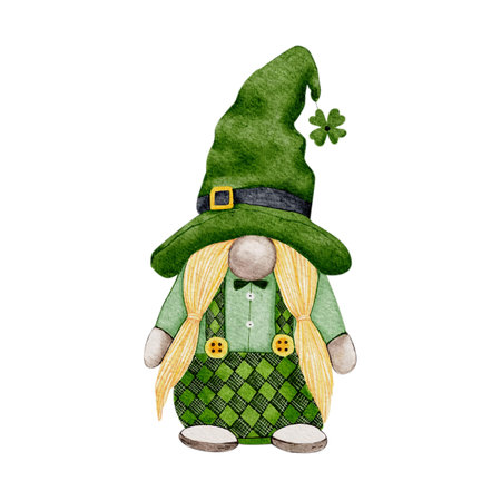 St Patrick day leprechaun with four leaves clovers, Greeting card a gnomes with shamrock a luck symbols. Watercolour green Scandinavian Dwarfs collection in Celtic, Irish styleの写真素材