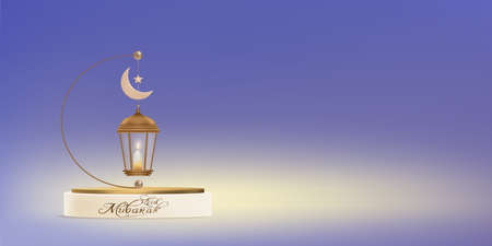 Studio room 3D Podium with Traditional islamic lantern,Candle,Crescent Moon and Star hanging on purple background, Vector Backdrop of Religions Symbolic for Eid Mubarak, Eid al fitr, Ramadan Kareemのイラスト素材