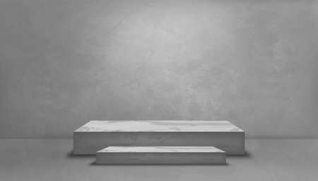 Studio room with a gray wall and 3D podium mockup, Background Grey Cement texture of floor, Vector 3D Backdrop of Gray Concrete surface with cracked texture pattern. Banner for loft design conceptの写真素材