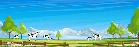 Rural farm landscape with green fields and barn animals cows, hill with blue sky and clouds, Vector cartoon Spring or Summer landscape, Eco village or Organic farming at countrysideのイラスト素材