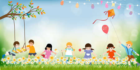 Panorama grass field with group of children playing kite, swing, balloon and picking flower on sunny day summer,Vector cute cartoon nature landscape with active Boys and Girls playing in spring fieldのイラスト素材