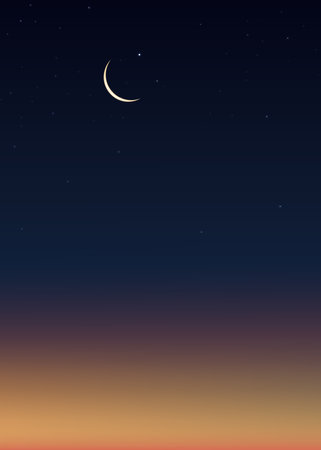 Ramadan Night with Crescent moon on dark blue sky background,Vector Vertical banner Dramtic Suset with Twilight dusk sky,Islamic religion for Ramadan Kareem celebration, Eid al-Adha,Eid Mubarakのイラスト素材