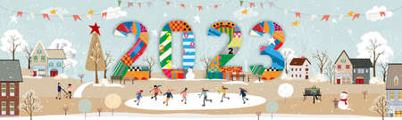 Happy New Year 2023 card,Vector Winter landscape in city with people celebrating on Chritsmas...