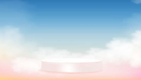 Studio room with Showcase display Cylinder podium mockup with fluffy cloud,pink and blue sky background,Vector illustration scene to show beauty,cosmetic product presentation for all four seasonsのイラスト素材
