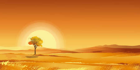 Sunset orange sky,Autumn rural landscape in farm fields with  grass land on mountain, VectorCartoon fall season in countryside on white background for text,Beautiful natural for thanksgiving bannerのイラスト素材