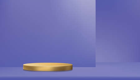 Trendy 2022 Very Peri color. Purple Background Empty Room Studio with yellow golden podium and shelf.Mini Violet Gallery wall room with copy space Color of the year 2022. Background for designersのイラスト素材
