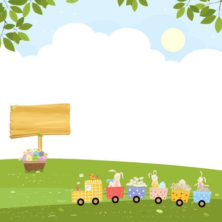 Easter greeting card, Spring background with bunny hunting Easter eggs and train carrying eggs on hills, Vector Cute cartoon rabbits picking flowers and playing on grass field.Banner for Summer timeのイラスト素材