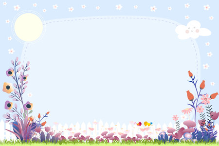 Spring background with flower in the garden with Cherry blossom frame on blue sky and copy space for text, Vector banner cute Summer scene with flowers border. Concept for spring greeting cardのイラスト素材