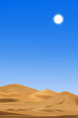 Desert panorama landscape with sand dunes and sun on clear blue sky in a hot sunny day summer, Vector illustration vertical backdrop beautiful nature beach sand, Concept for Summer backgroundのイラスト素材