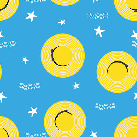 Colorful summer seamless pattern with hand drawn elements,beach hat,star fish and waves on blue background,Vector Fashion trendy endless design women sun hats for Summer holiday conceptのイラスト素材