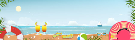 Summer background with Sea beach, blue sky and cloud on sunny day,Vector Horizontal vacation holiday theme with Seascape of ocean view and coconut palm tree on borderのイラスト素材