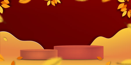 Autumn background with Podium Display Cylinder Stand in Studio Room with Maple Leaves on red wall,Vector 3D Showcase in with leaves on frame Product Presentation for fall season saleのイラスト素材