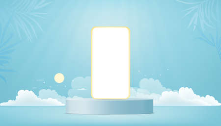 Backdrop Studio Room with Smartphone mockup, cloud, sun, palm leaf on blue wall background.Vector 3D illustration Minimal design of holiday for booking reservation app on mobile phone,Summer vacationのイラスト素材