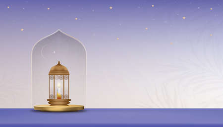 Islamic Podium with Traditional lantern with Crescent moon and Star on purple background, Vector Backdrop banner of Religion of Muslim Symbolic,Eid ul fitr, Ramadan Kareem,Eid al Adha,Eid Mubarakのイラスト素材