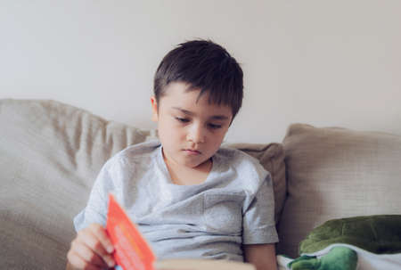Portrait School kid reading a book for homework, Young boy sitting on sofa enjoy reading the story in living room, Child relaxing at home on weekend. Home Schooling or Education conceptの写真素材