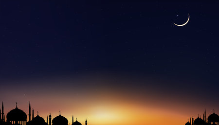 Islamic background,Ramadan Kareem design with Silhouette Dome Mosques,Crescent Moon on Sunset Sky,Vetor Ramadhan Night with twilight dusk sky for Islamic religion,Eid al-Adha,Eid Mubarak,Eid al fitrのイラスト素材