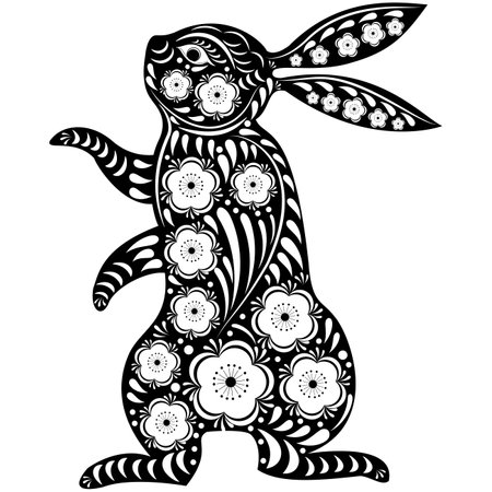 Rabbit Paper Cut on white background,Chinese zodiac for New Year element,Beautiful Easter Bunny with Floral, Isolated Fancy hare with laser cut pattern for die cutting or template,2023 Year of Rabbitのイラスト素材
