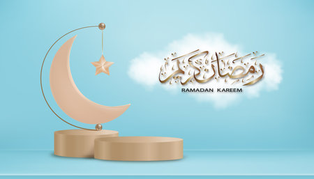 Ramadan Kareem calligraphy Arabic on Cloud with 3D Podium,Crescent Moon and Star on on blue background,Vector Banner for Isamic, Muslim Religion month Symbolic for Eid al fitr, Eid al Adha,Eid Mubarakのイラスト素材