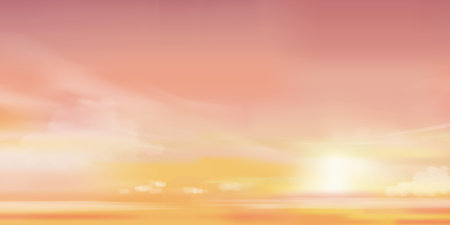 Sunset sky background,Sunrise in Morning with Orange,Yellow,Pink color,Beautiful golden hour Dramatic twilight landscape in evening,Vector horizontal Romantic Dusk Sky with Sunlight and Cloudsのイラスト素材