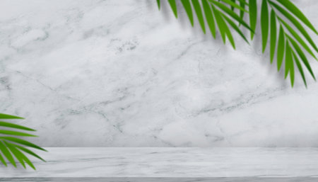 Marble texture background with blurry green coconut palm leaves on wall ,White or Grey nature granite wall surface for Ceramic counter or interior decoration.Luxury design backdrop product backgroundの写真素材