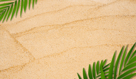 Sand texture backgrond.Top view blurry coconut palm leaves on Sandy beach,Natural sand stone texture with wave,Brown Beach sand dune in sunny day,Banner for Summer Product  presentationの写真素材