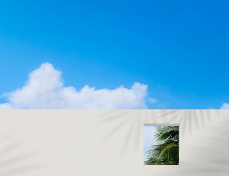 Wall concrete texture with open window and coconut palm leaves against blue sky and clouds,Exterior White paint cement building, Modern architecture with square frame in Spring or Summer skyの写真素材