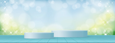 Spring background,Display studio with 3d podium on blue wood texture with nature bokeh light,Vector Backdrop Step stand on table top with blurry light effect.Spring,Summer product presentation conceptのイラスト素材
