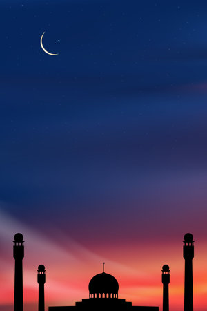 Islamic card with Mosques dome,Crescent moon on blue sky background,Vertical banner Ramadan Night with twilight dusk sky for Islamic religion,Eid al-Adha,Eid Mubarak,Eid al fitr,Ramadan Kareemのイラスト素材