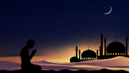 Ramadan Kareem background with prayer and Mosque dome with twilight dusk sky,Silhouette Muslim man making a supplication(salah),Vector symbolic for Islamic religion,Eid al-Adha,Eid Mubarak,Eid al fitrのイラスト素材
