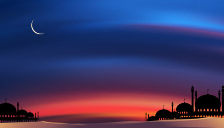 Ramadan card with Mosques dome,Crescent moon on blue sky background,Vertical banner Ramadan Night with twilight dusk sky for Islamic religion,Eid al Adha,Eid Mubarak,Eid al fitr,Ramadan Kareemのイラスト素材