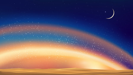 Ramadan Kareem card with Milky Way,Starry,Crescent moon and Orange light on desert sand dune,Vector religions symbolic of Islamic or Muslim for Eid Mubarak,Eid al Adha,Eid Al fitr,New Year,Muharramのイラスト素材