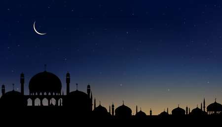 Ramadan card with Mosques dome,Crescent moon on blue sky background,Vertical banner Ramadan Night with twilight dusk sky for Islamic religion,Eid al Adha,Eid Mubarak,Eid al fitr,Ramadan Kareemのイラスト素材
