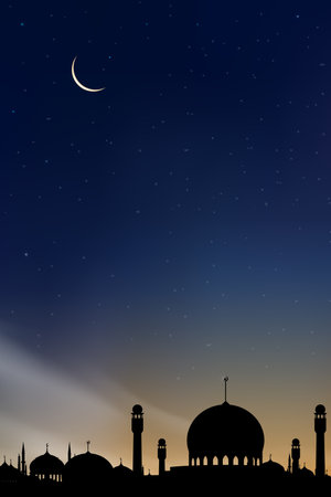 Islamic card with Mosques dome,Crescent moon on blue sky background,Vertical banner Ramadan Night with twilight dusk sky for Islamic religion,Eid al Adha,Eid Mubarak,Eid al fitr,Ramadan Kareemのイラスト素材