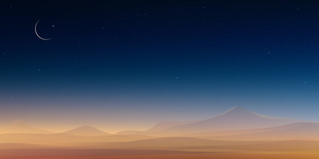 Islamic background,Ramadan Kareem card design with Crescent moon and Star on Sunset Sky,Vector horizon banner Religions symbolic of Muslim for Eid Mubarak, Eid al adha, Eid al fitr, Islamic New Yearのイラスト素材
