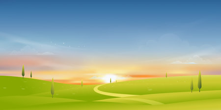 Spring Nature Background of Green Field Landscape with Sunrise Sky,Horizon Summer rural with grass land, pine tree on hills with Sunset Sky.Vector Cartoon banner for Easter,Earth day,Ecology conceptのイラスト素材