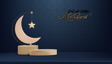 Eid Al Adha Mubarak Card with Crescent Moon and Star on Blue Background with Arabic pattern,Vector 3d Display Islamic ornament of Muslim Religion Symbolic for Eid al fitr,Eid Mubarak,Ramada Kareemの写真素材