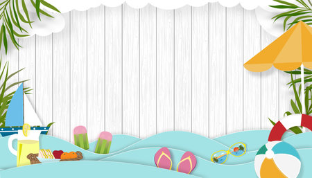 Summer background with Beach Vacation Holiday theme with Blue wave layer on Wood background,Vector Top view Paper Cut of Tropical Summer Beach,Palm leaves on Cloud Skyの写真素材