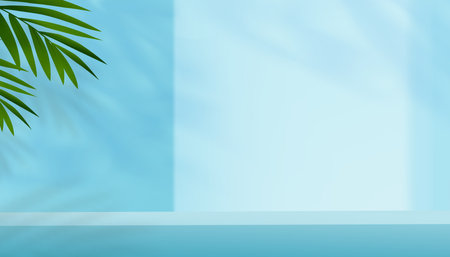 Empty Wall Room Background,3D Display Studio with Coconut Palm and  Shadow,Room with sunlight overlay on Blue wall,Vector minimal backdrop design Spring,Summer Product Presentation for Sale, Promotionのイラスト素材