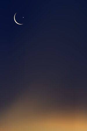 Islamic card with Crescent moon on Blue,Orange sky background,Vertical banner Ramadan Night with Dramtic Suset,twilight dusk sky for Islamic religion,Eid al Adha,Eid Mubarak,Eid al fitr,Ramadan Kareemのイラスト素材