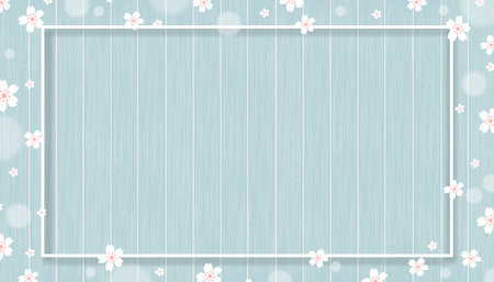 Spring background with cute flower border on wooden wall background, Vector illustration horizontal backdrop of blooming flora frame on wood panel textured,Holiday banner for Springtime or Summer saleの写真素材
