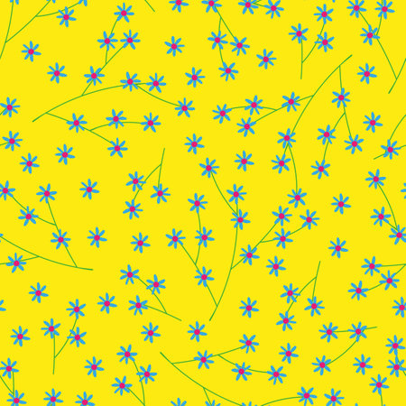 Seamless pattern Spring flower,Vintage Design in 1970s with Seamless tiny flower Blue,Pink color on Yellow background,60s,70s Retro Pattern style for Hippie,Groovy, funky Wall Interior Decorationのイラスト素材