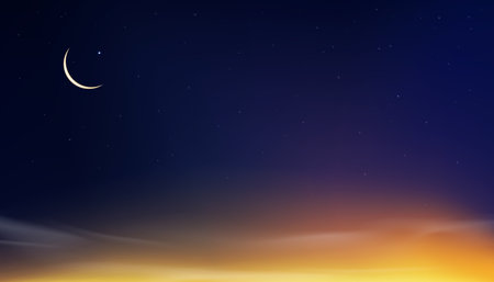 Islamic card,Ramadan Kareem New Moon,Star on Sunset Sky,Vector horizon banner for religions symbolic of Muslim culture for Generous Ramadan,New Moon,Prayer time.Eid Mubarak,Eid al Adha,Eid al Fitrのイラスト素材