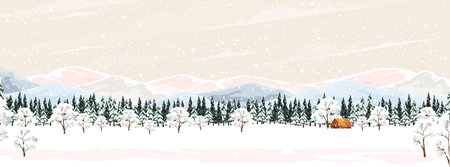 Winter forest landscape with Wood Barn,Fir Trees and Pines in Snowy day.Vector cartoon horizon coniferous forest with snow falling at night,Backdrop background banner for Christmas,New Year Decorationのイラスト素材
