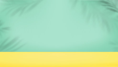Studio background ,Yellow, Green Pastel color with Leaves Shadow Overlay on Empty Cement Wall texture,Vector 3D Backdrop Background for Spring,Summer Presentation,Cosmetic Product sale onlineのイラスト素材