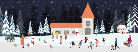 Winter landscape with snow fallingon Christmas night in village,Vector banner cute Winter Wonderland in the town with Happy people celebration in the park,Merry Christmas,New year 2024 card backgroundのイラスト素材
