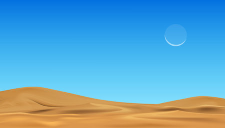 Sand Beach and Blue Sky,Desert Landscape Sand Dunes with Crescent Moon on Clear Sky,Vector Islamic,Muslims religion month of Generous Ramadan,New Moon,Prayer time.Eid Mubarak,Eid al Adha,Eid al Fitrのイラスト素材
